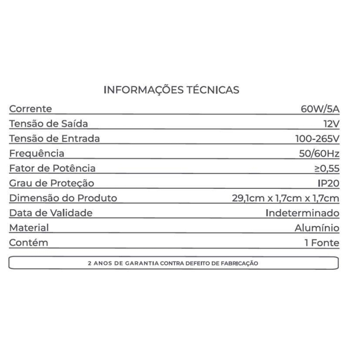 Fonte 12V Slim Nordecor 5A 60 watts IP20 315x25x20mm (Ultra Fina) 7017