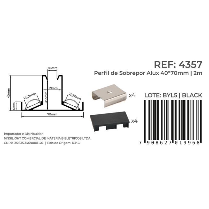 Perfil de Sobrepor Nordecor Alux Preto 70x40mm Barra de 2 metros 4357