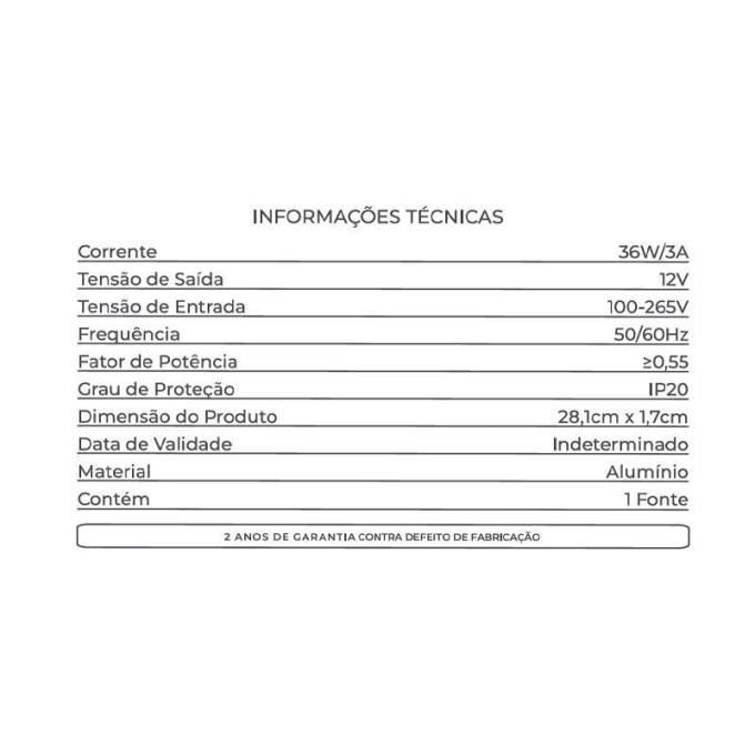 Fonte 12V Slim Nordecor 3A 36 watts IP20  285x25x20mm (Ultra Fina) 7015