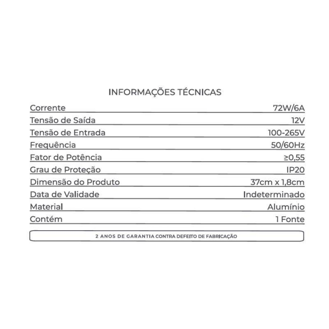 Fonte 12V Slim Nordecor 6A 72 watts IP20 380x25x20mm (Ultra Fina) 7018
