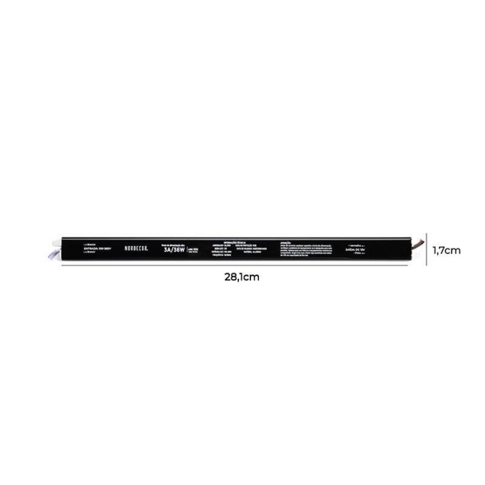 Fonte 12V Slim Nordecor 3A 36 watts IP20  285x25x20mm (Ultra Fina) 7015