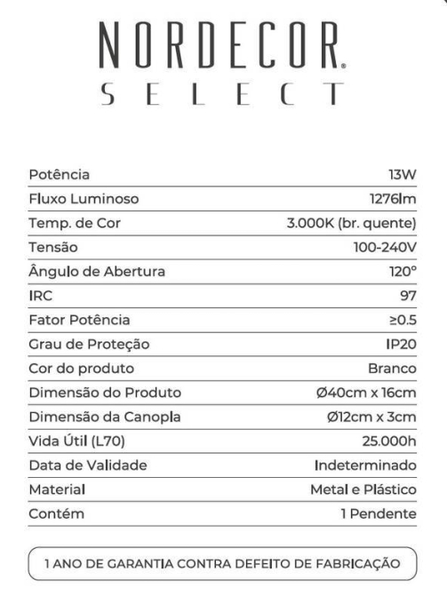 Pendente Nordecor Kapel 13 watts 3000K IRC97 Branco Ø400x160mm 90028