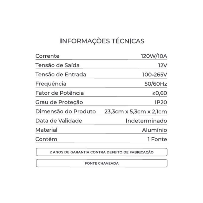 Fonte 12V Nordecor 10A 120 watts Slim IP20 Bivolt 233x53x21mm 7215