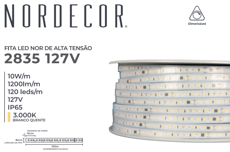Fita LED Nordecor 10w/mt 120 leds IP65 10mm 127V 3000K (Rolo 100 metros) 7251