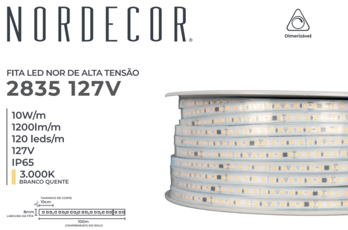 Fita LED Nordecor 10w/mt 120 leds IP65 10mm 127V 3000K (Rolo 100 metros) 7251